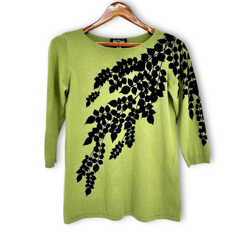 Bob Mackie Wearable Art Sweater XS Green Black Allover‎ Leaf Graphic 3/4 Sleeves
